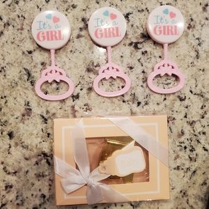 Baby girl rattle party favors and Gold poppin bottles bottle opener